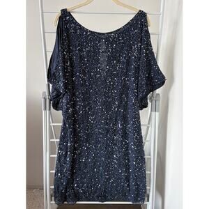 Aidan Mattox Navy Beaded Sequin Formal Dress Size 14 Cold Shoulder